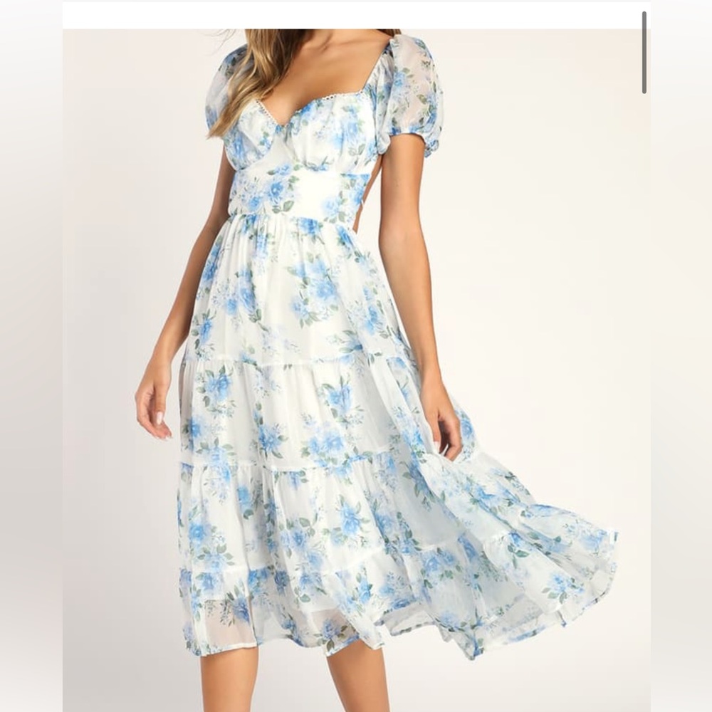 NWT Lulu’s Always Picked First White Floral Print Puff Sleeve Midi Dress